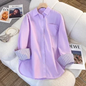 الجديد في الملابس قميص علوي برقبة مقلوبة أرجواني مرقع مخطط بأكمام طويلة غير رسمي واحد الصدر قميص وبلوزة فضفاضة للنساء