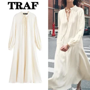 traf القوس الدانتيل يصل فساتين طويلة أنيقة للنساء 2025 جديد النمط الفرنسي كم طويل فستان ميدي فساتين حريمي فضفاضة غير رسمية