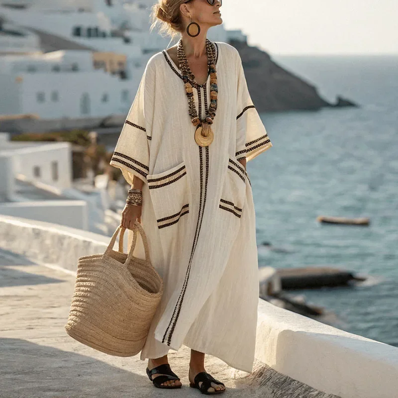 فستان صيفي بوهيمي أنيق للنساء، فساتين طويلة برقبة على شكل حرف v وأكمام قصيرة، جيوب عطلة غير رسمية جديدة، فستان حفلات فضفاض فستان صيفي بوهيمي أنيق للنساء، فساتين طويلة برقبة على شكل حرف v وأكمام قصيرة، جيوب عطلة غير رسمية جديدة، فستان حفلات فضفاض